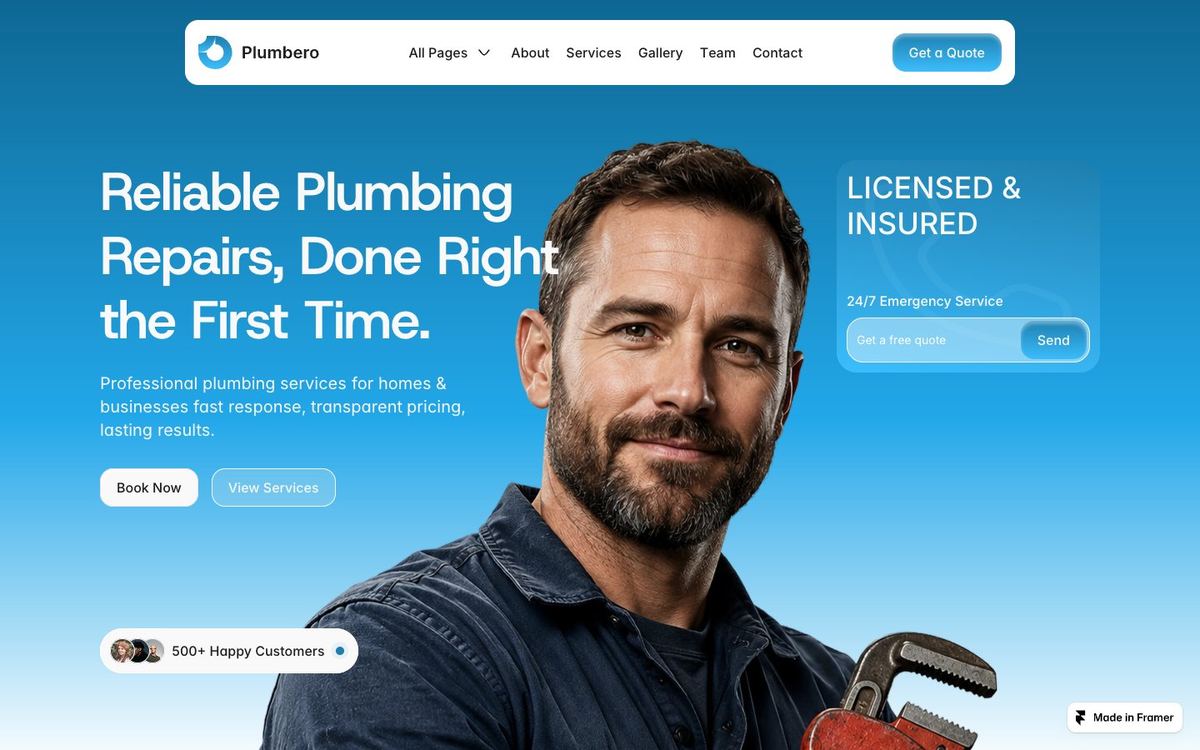 Plumbero, a website template for a plumbing